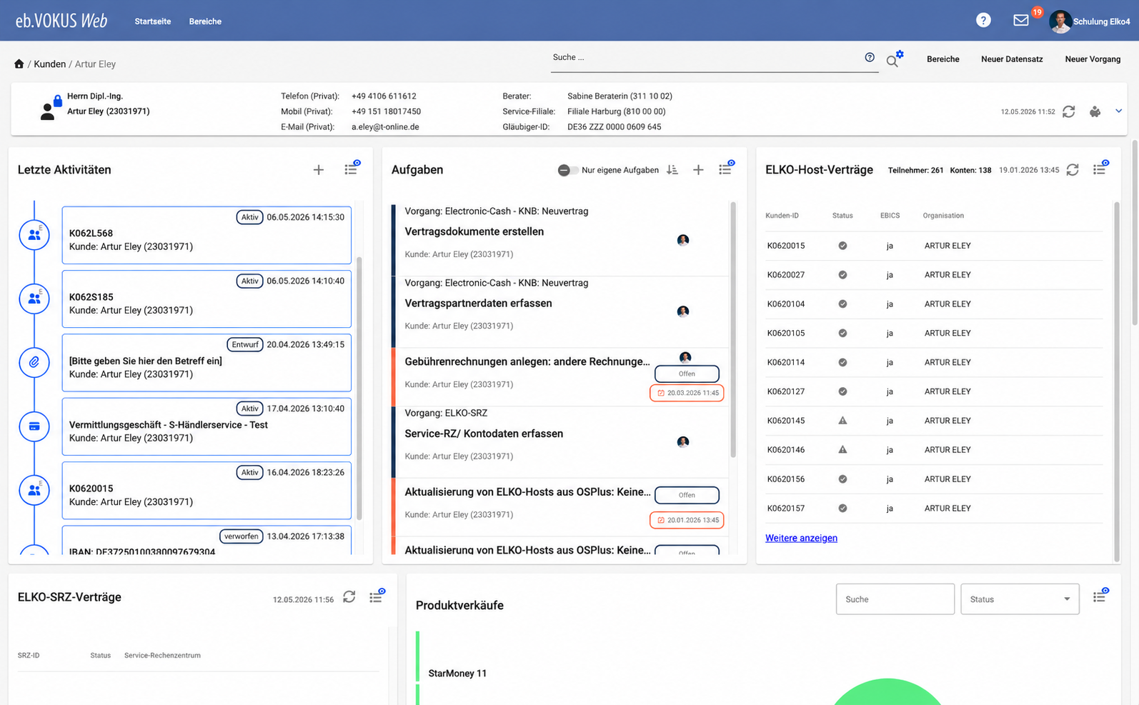 eb.VOKUS Web Kunden-Dashboard mit Verträgen, Vorgängen und Aktivitäten im Kundenkontext