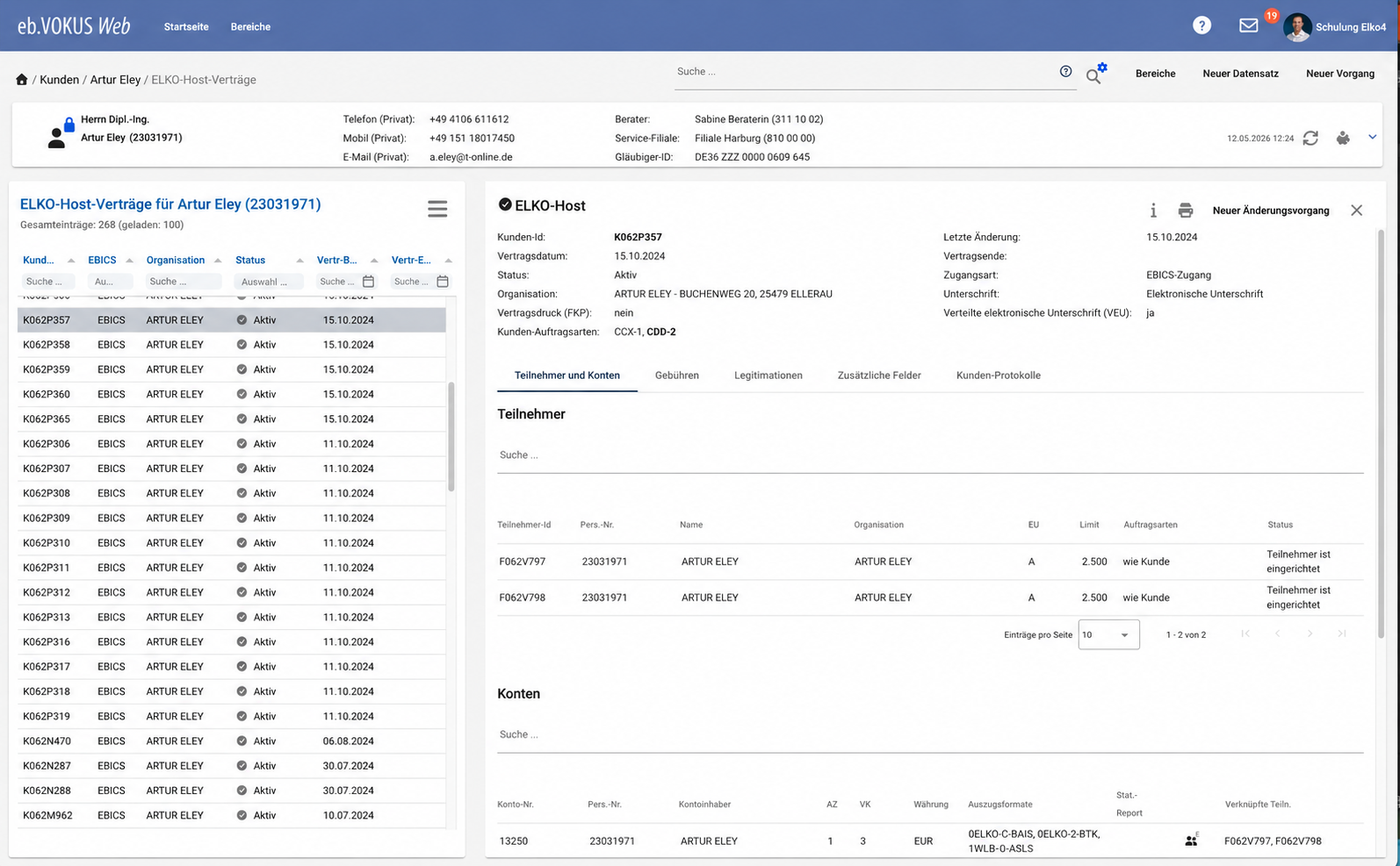eb.VOKUS Web ELKO-Host Vertragsdetail mit Status, Teilnehmern, Konten und OSPlus-Abgleich