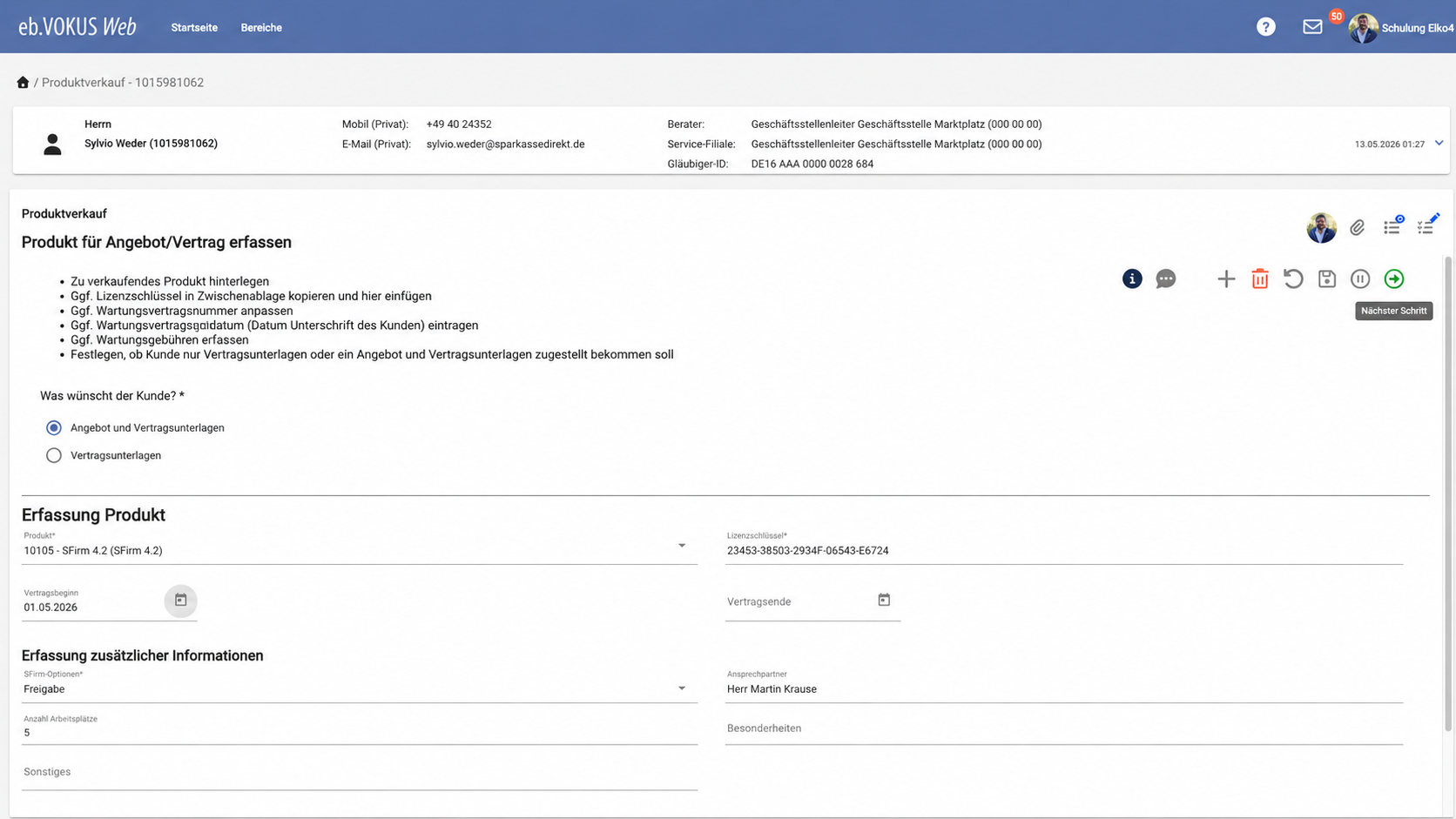eb.VOKUS Web Erstellungsvorgang Produktverkauf
