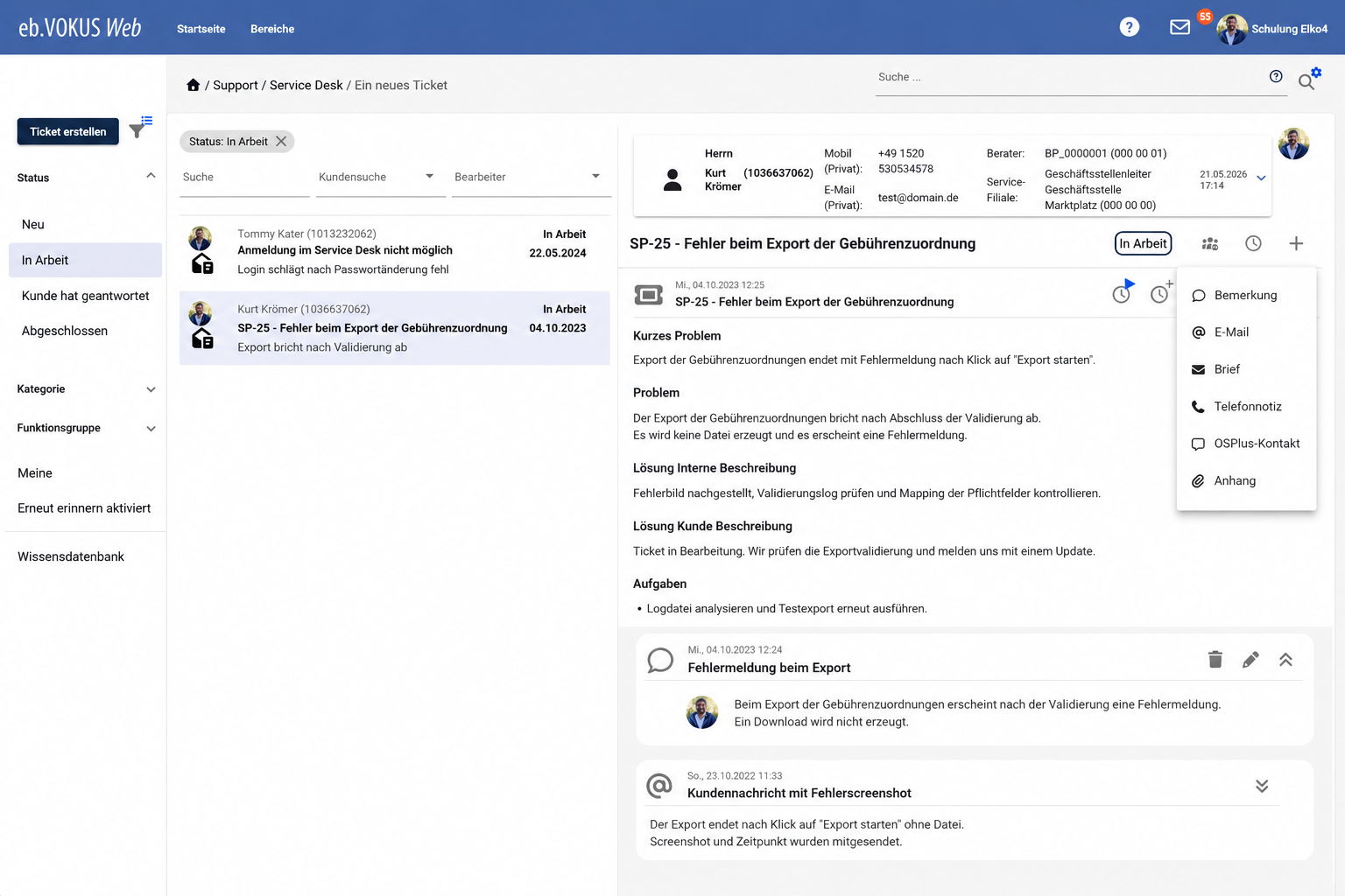 eb.VOKUS Web Support-Ticket im Kundenkontext mit Problembeschreibung, Lösung und Aktivitätenverlauf